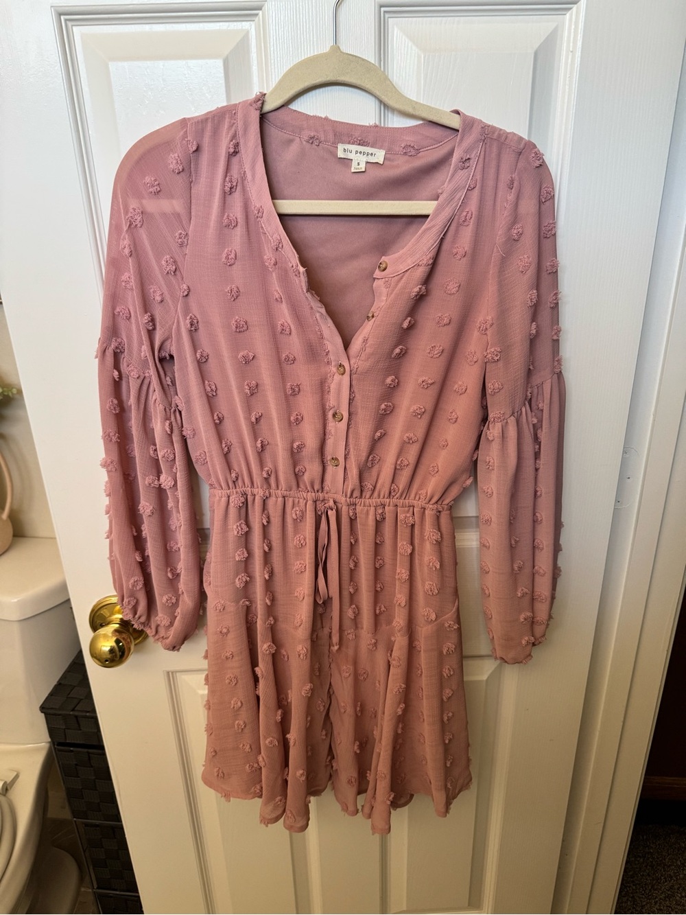 Blu Pepper Dusty Rose Long-Sleeve Textured Drawstring Dress